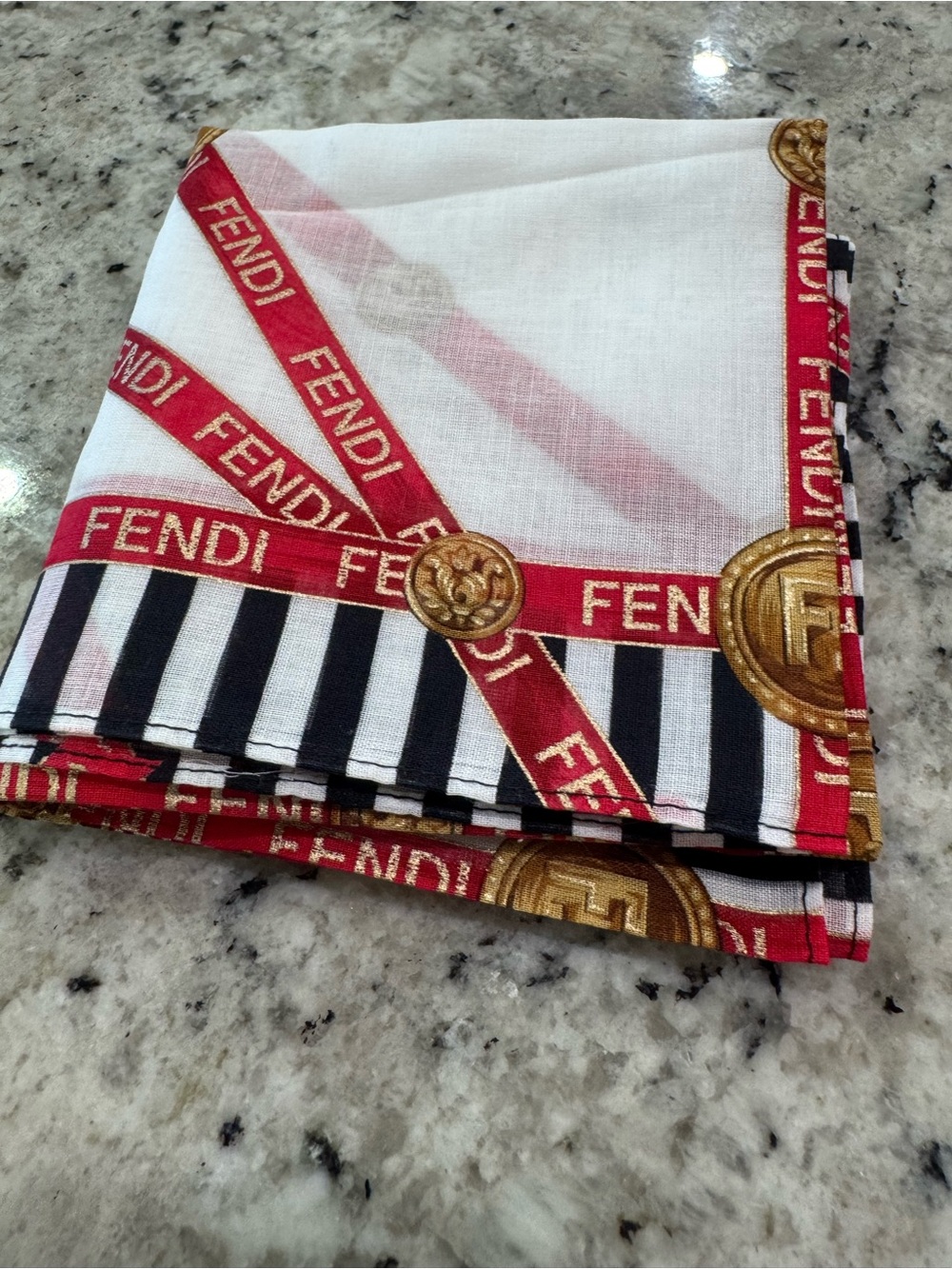 Vintage Fendi White Scarf with Red Ribbon, Black Stripe & Gold Medallions